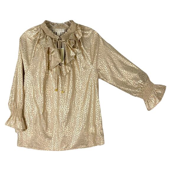 Michael Kors Tops - NWT MICHAEL KORS Top S Gold Geo Dots Ruffle Bow-Tie Balloon-Flounce-Long-Sleeve